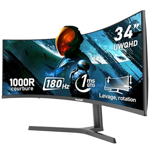 Gawfolk Écran PC Ultra Large 34 Pouces 1000R incurvé 180Hz Gaming Computer Moniteur 21:9 UWQHD (3440x1440),1ms,100% sRGB,Adaptive Sync,Display Port、HDMI,Fonction de Levage,Compatible avec Mural -Noir