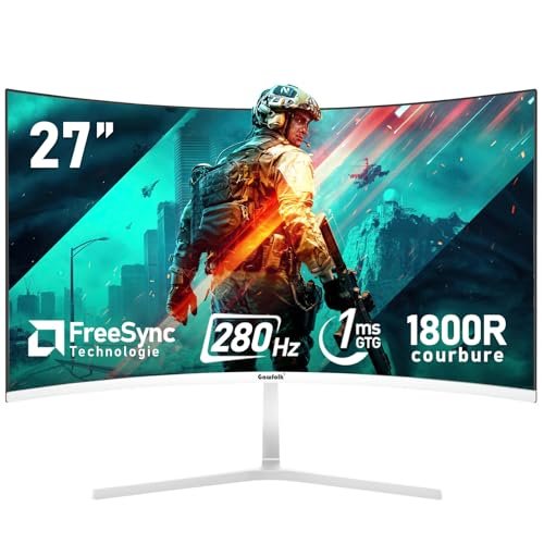 Gawfolk Écran PC 27 Pouces incurvé 280Hz Gaming Computer Moniteur, 1800R,1ms,FHD 1080p, 178 ° Grand Angle,Ultra - Mince Lunette, HDMI、DisplayPort,Compatible avec Montage Mural 100 * 100mm- Blanc